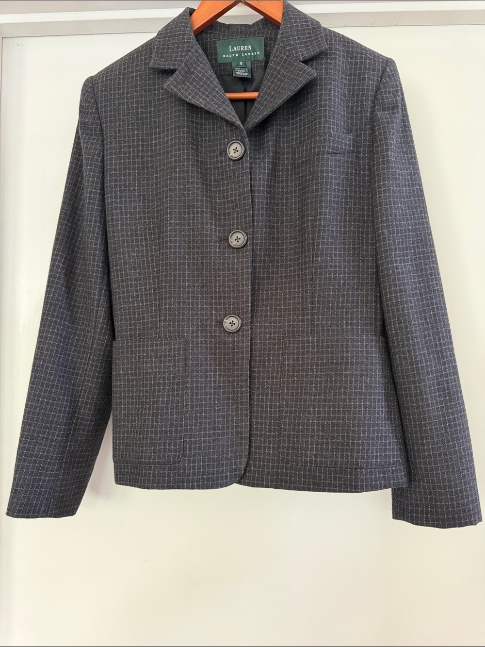 Lauren Ralph Lauren grey grid wool three-button blazer size 8 patch pockets
